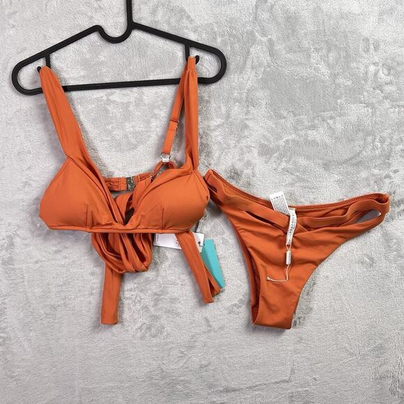 SeaFolly Australia Bikini Swimsuit Size 10 Orange/Rust Wrap Top Strappy Bottoms - Picture 1 of 12